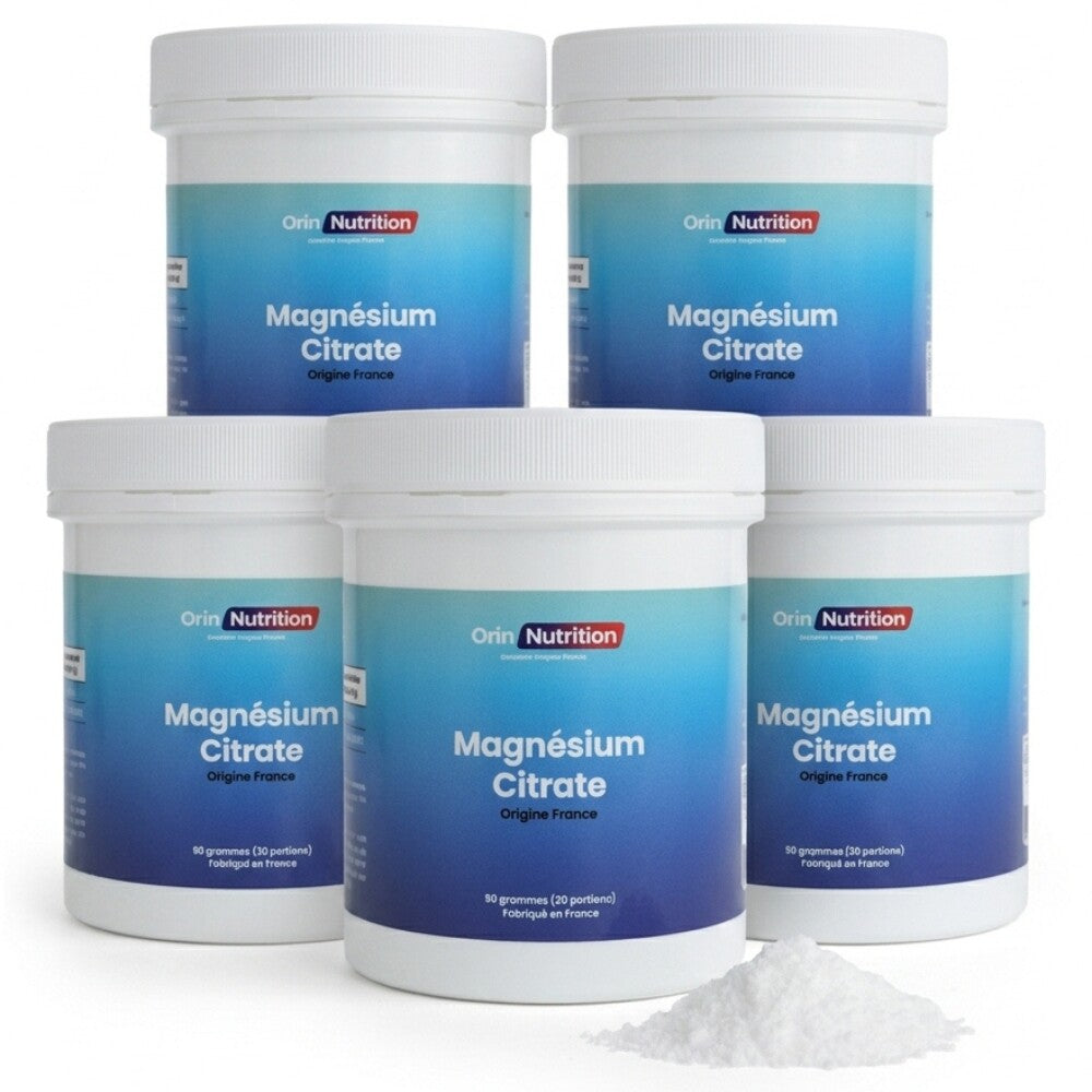 5 pots de 90 grammes de citrate de magnésium origine France fabriqué en France Orin Nutrition