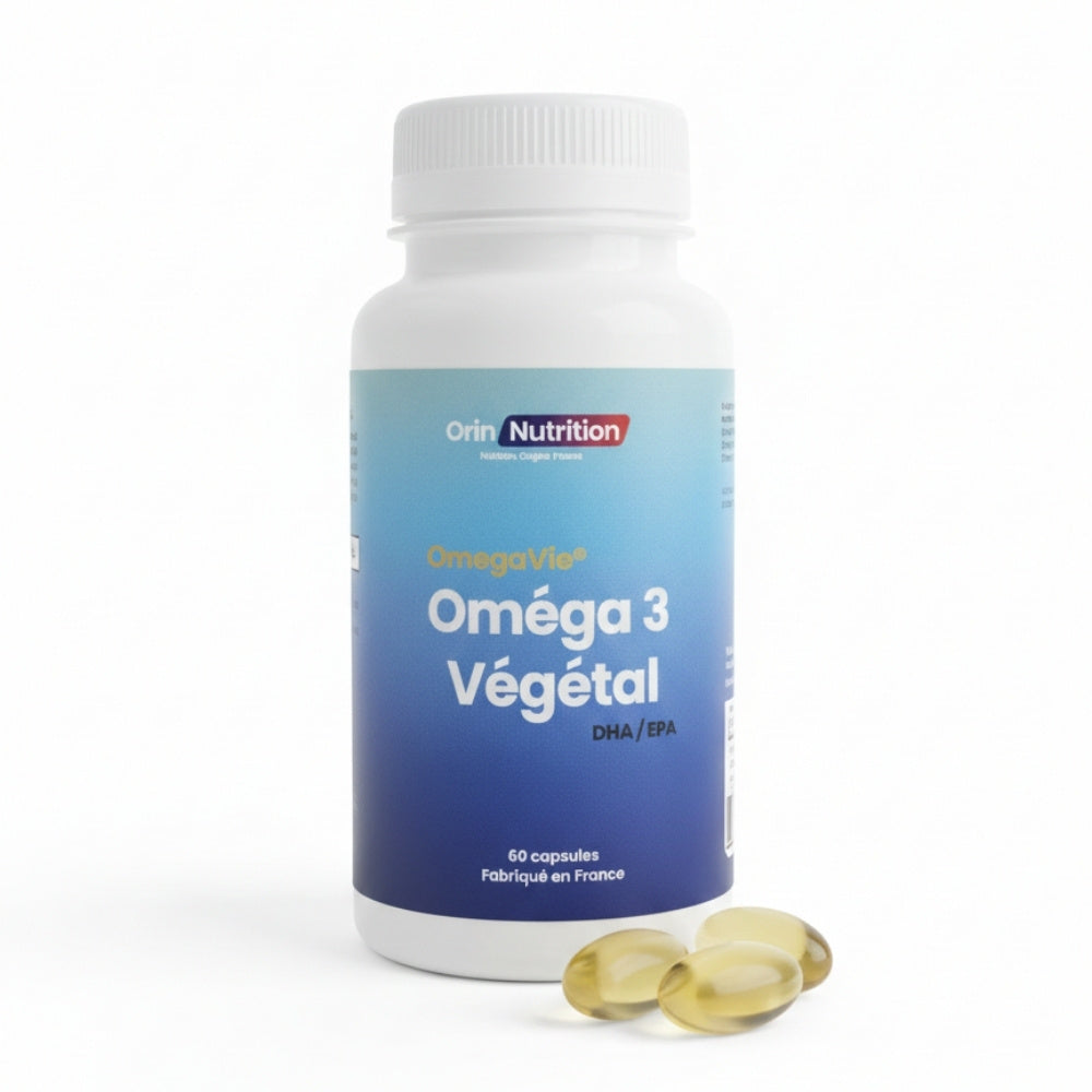 Capsules oméga 3 végétal omegavie riche en dha et epa issu de l'huile d 'algue breveté qualitysilver fabriqué en France pot de 60 capsules de la marques orin nutrition