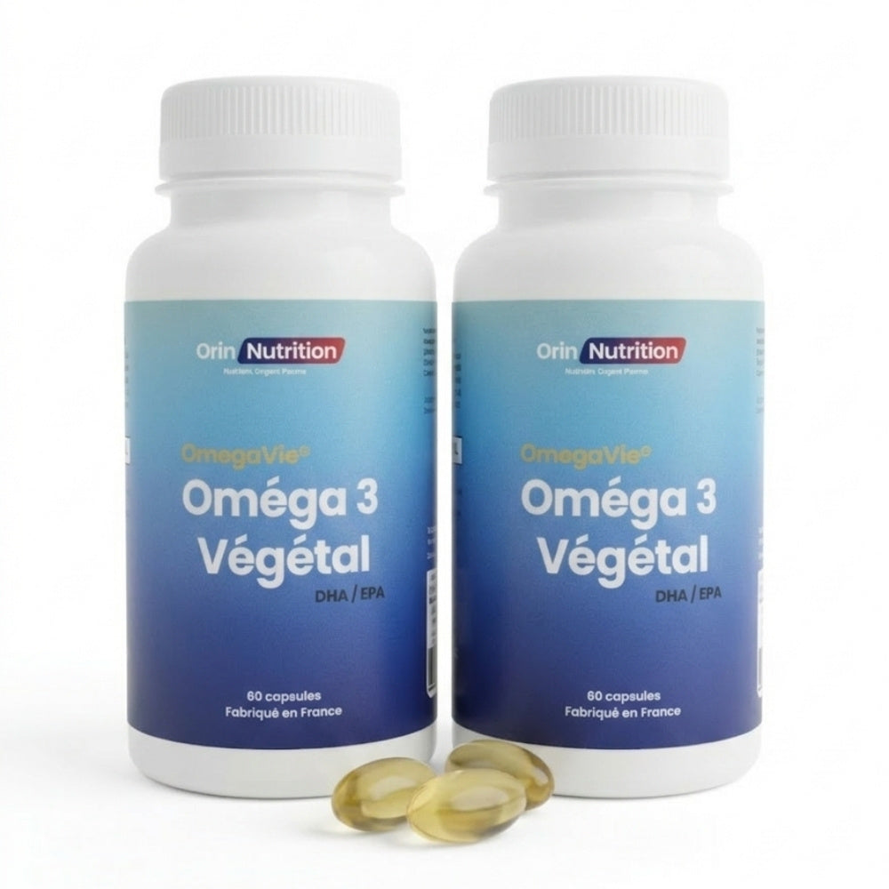 Capsules oméga 3 végétal omegavie riche en dha et epa issu de l'huile d 'algue breveté qualitysilver fabriqué en France 2 pots de 60 capsules de la marque orin nutrition