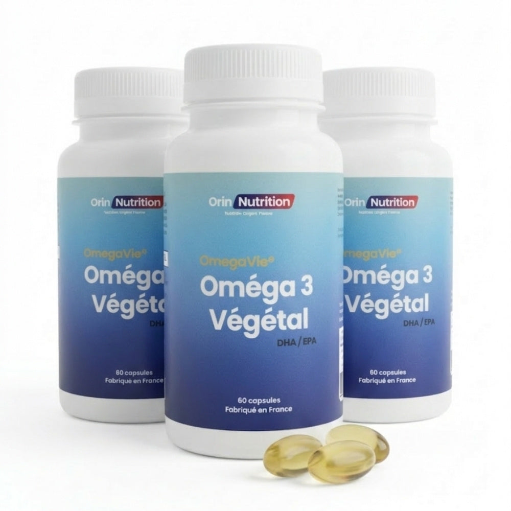 3 pots de 60 capsules d'oméga 3 végétal OmegaVie® riche en DHA et EPA fabriqué en France Orin Nutrition