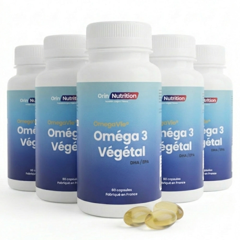 5 pots de 60 capsules d'oméga 3 végétal OmegaVie® riche en DHA et EPA fabriqué en France Orin Nutrition