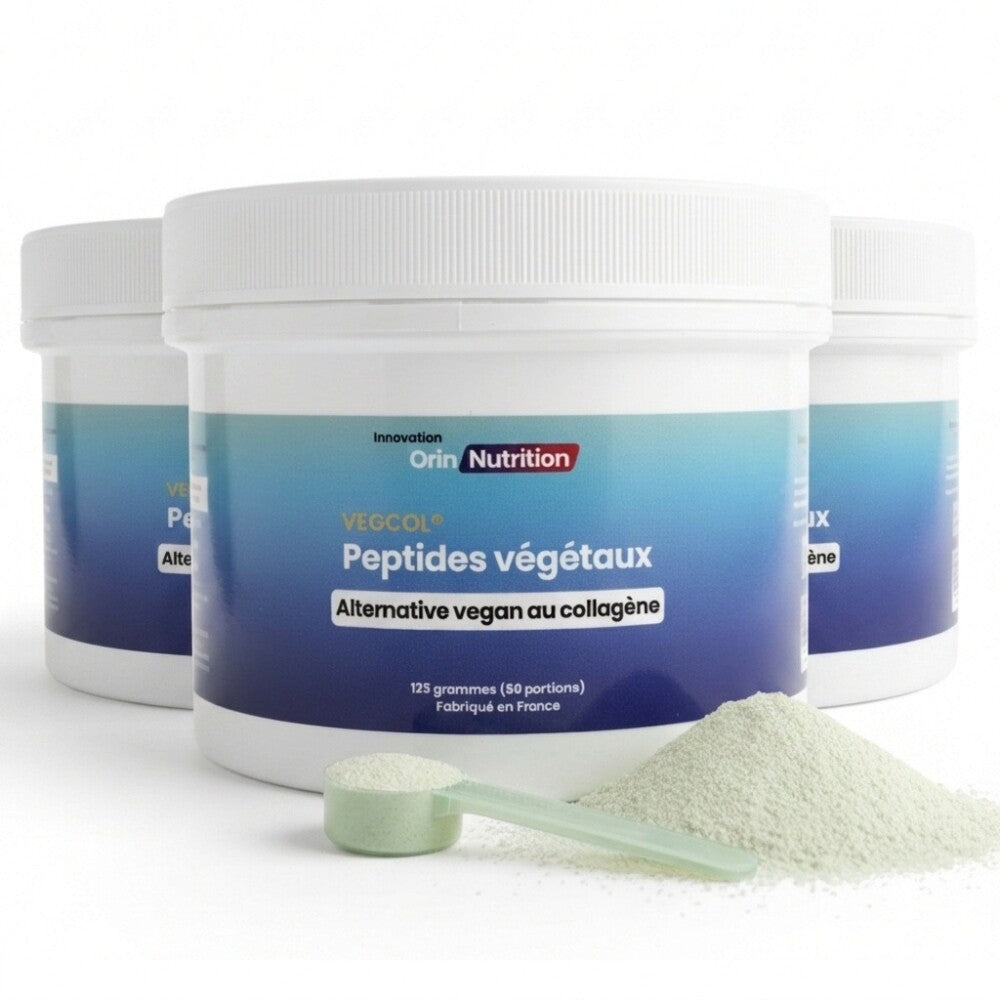 3 pots de 125 grammes de VEGCOL® peptides de collagène vegan fabriqué en France Orin Nutrition