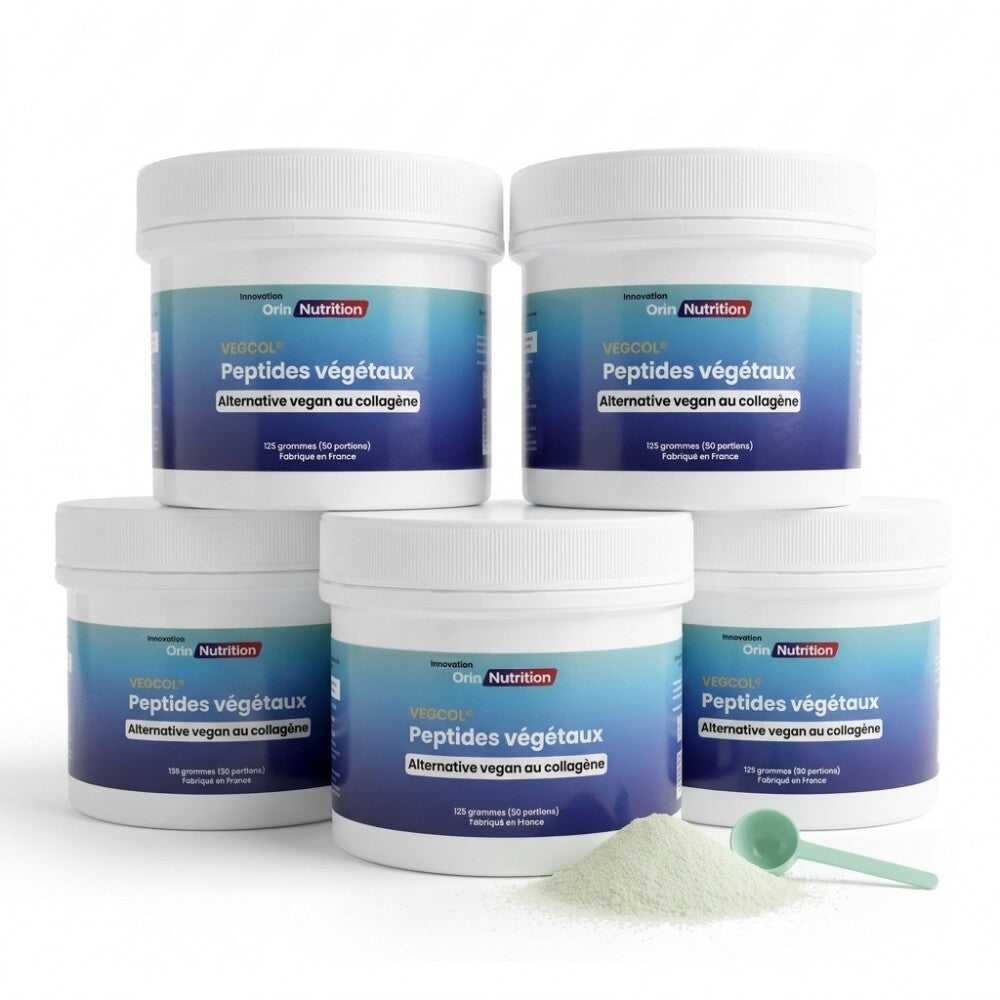 5 pots de 125 grammes de VEGCOL® peptides de collagène vegan fabriqué en France Orin Nutrition