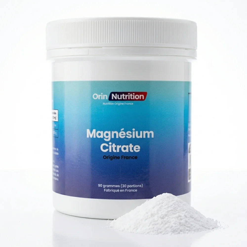 Citrate de magnésium en poudre fabriqué en France hautement biodisponible, non tamponné sans oxyde de magnésium et sans additifs. Pot de 90 grammes fabriqué en France de la marque Orin Nutrition.