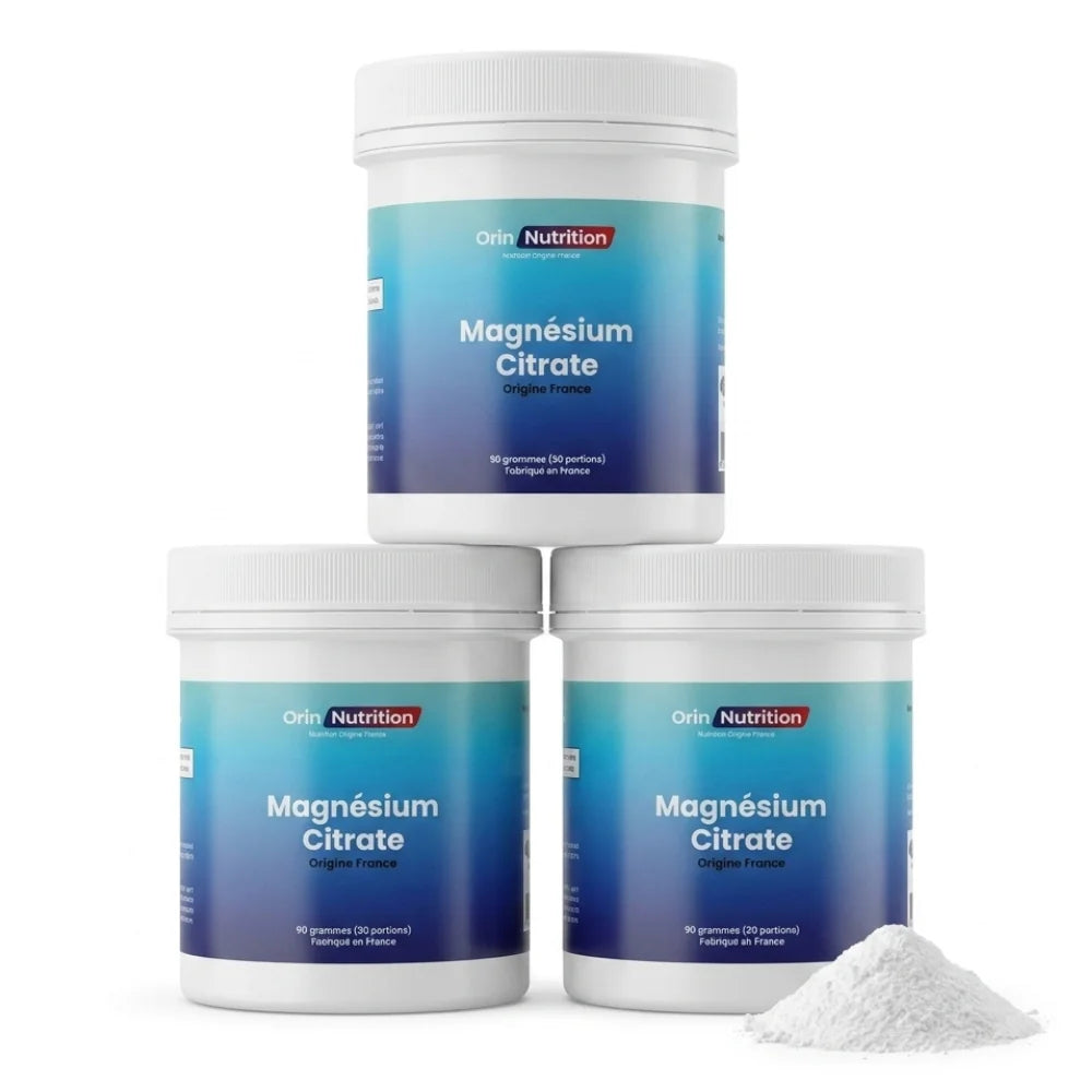 3 pots de 90 grammes de citrate de magnésium en poudre origine France fabriqué en France Orin Nutrition