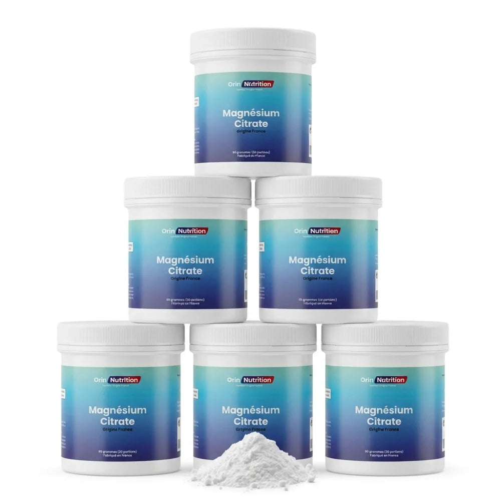 5 pots de 90 grammes de citrate de magnésium en poudre origine France fabriqué en France Orin Nutrition