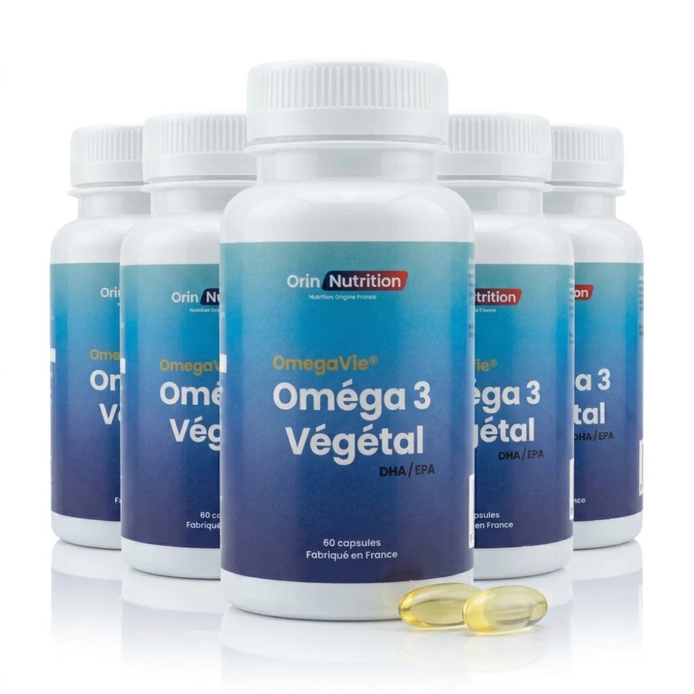 5 pots de 60 capsules d'oméga 3 végétal OmegaVie® riche en DHA et EPA fabriqué en France Orin Nutrition