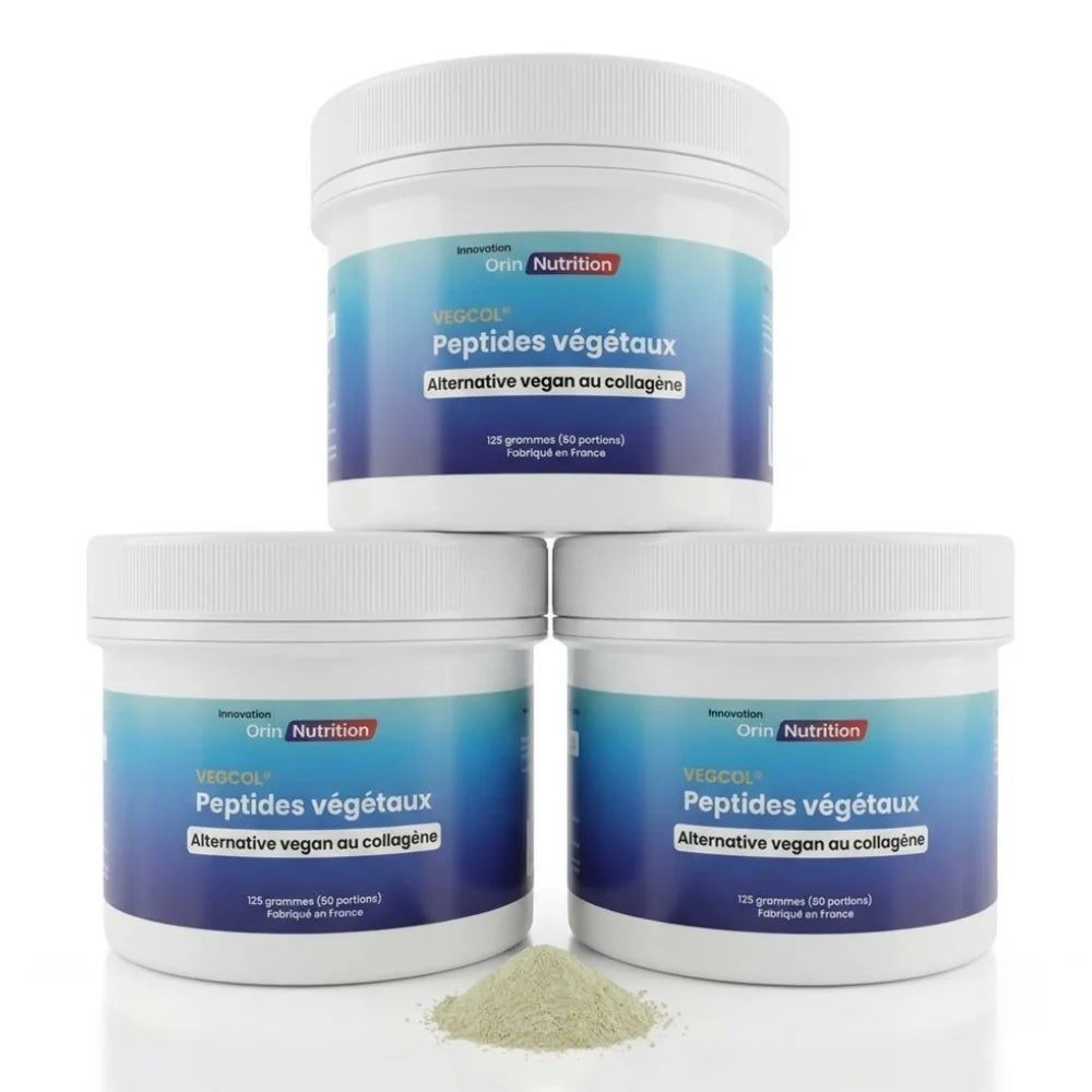 3 pots de 125 grammes de VEGCOL® peptides de collagène vegan fabriqué en France Orin Nutrition