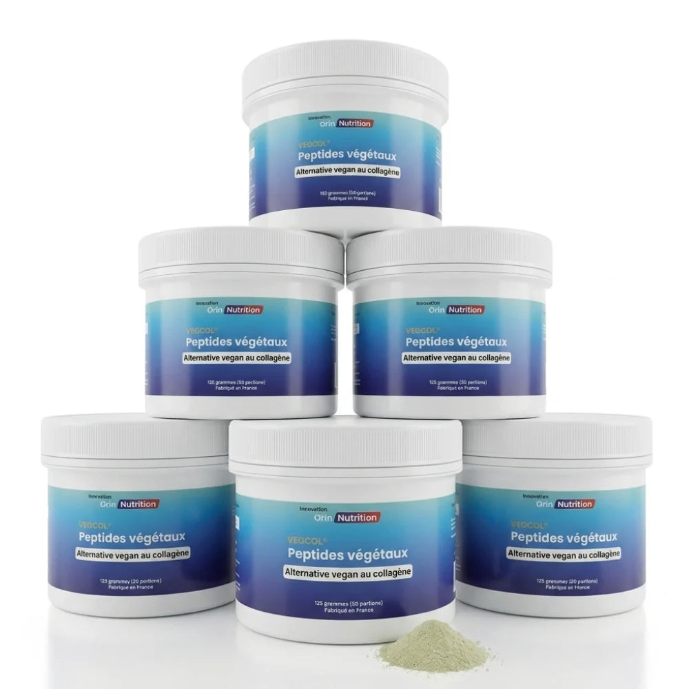 5 pots de 125 grammes de VEGCOL® peptides de collagène vegan fabriqué en France Orin Nutrition