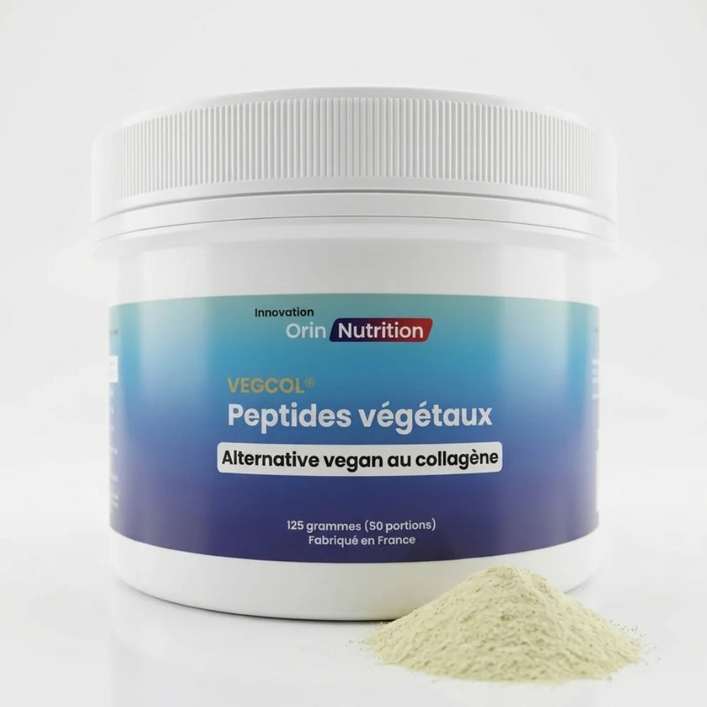 Pro collagène végan VEGCOL poudre de peptides végétaux contre les rides et la perte de cheveux  l'efficacité démontrée par des études cliniques des 2.5 grammes par jour. Pot de 125 grammes fabriqué en France de la marque Orin Nutrition